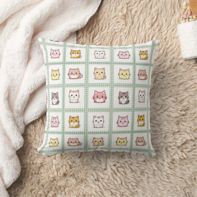 Assorted Cats Vintage Gingham Throw Pillow