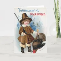 Vintage Boy Pilgrim And Turkey Thanksgiving Holiday Card