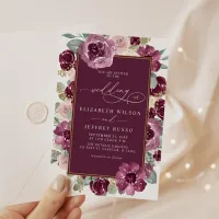 Elegant Modern Plum Gold Botanical Floral Wedding Invitation