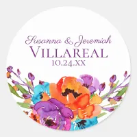 Purple Orange Floral Watercolor Wedding Classic Round Sticker