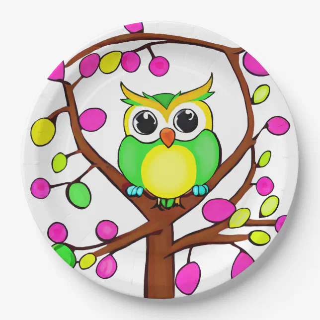 Happy owl in a multicolored tree paper plates