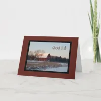 Snowy Red Barn God Jul Swedish Christmas Card