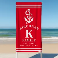 Nautical Anchor Beach House Family Name Red  Beach Towel