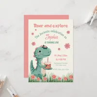 Dinosaur Cute Jurassic Funny Girl First Birthday Invitation