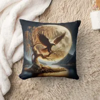 Eagle Perched on Branch Beneath Full Moon Throw Pillow