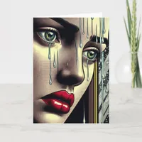 Pretty Caucasian Woman Crying in the Rain Card