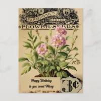 Vintage Pink Flowers Three cents  Birthday Postcard