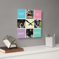 Funny Puppy Sleep Eat Repeat Dog Lover Pastel  Square Wall Clock