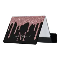 Black Rose Gold Sparkle Glitter Drip Monogram Desk Business Card Holder