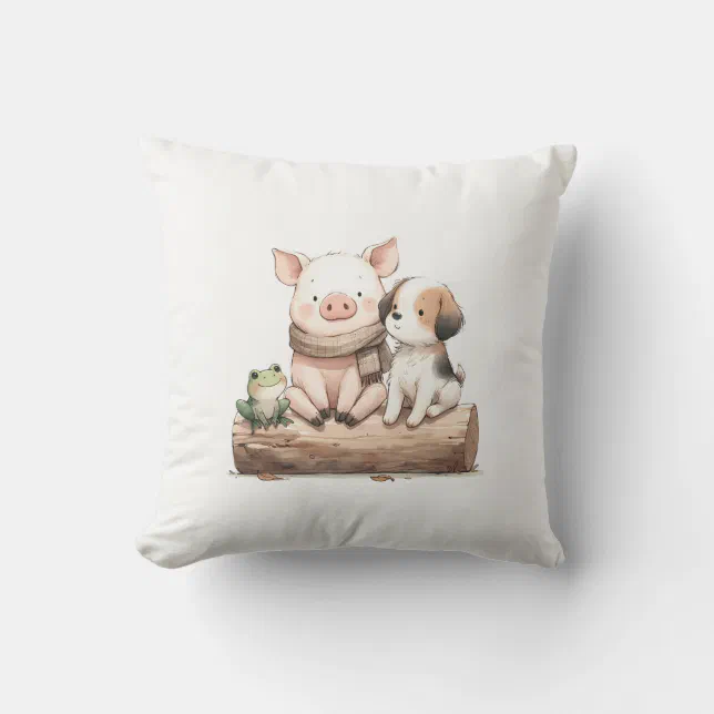 Hog, Frog & Dog on a Log! Cute Animal Friends Kids Throw Pillow
