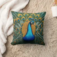 Colorful Peacock Displaying Feathers in Nature Throw Pillow