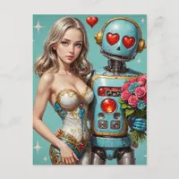 Blond Woman and a Robot Found Love Postcard