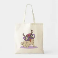 Cute Hipster Boho Floral Hippie Pug in Glasses Tote Bag