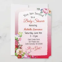 Pretty Floral Red Girl's Baby Shower Invitation