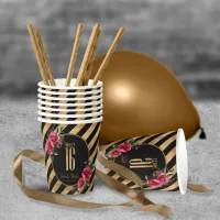 Gold Foil Stripes Floral Black ID757 Paper Cups