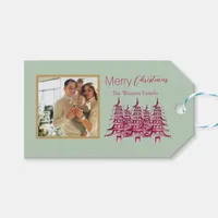 Sage red Pagoda Merry Christmas Tree 1-Photo Gift Tags