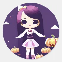 Cute Kawaii Girl with Pumpkins Halloween Classic Round Sticker