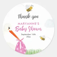 Rustic Stork with Bee & Butterfly Girl Baby Shower Classic Round Sticker