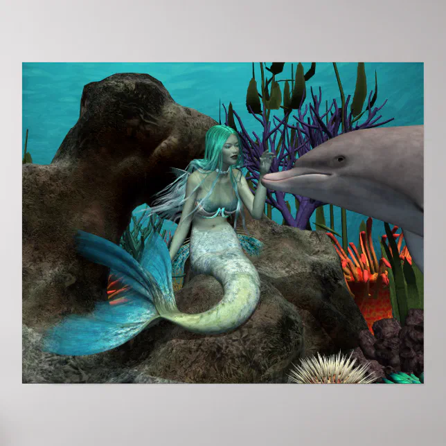 Mermaid and Dolphin Under the Sea Poster