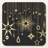 New Year's Wishes Stars Black and Gold Square Paper Coaster