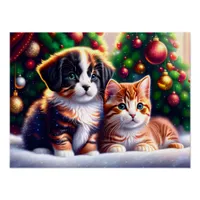 Cute puppy and cat under Christmas tree Poster