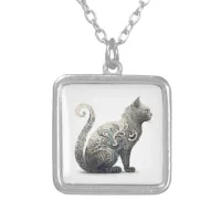 Paisley Profile Cat Silver Plated Necklace