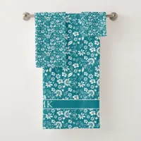 Pretty Teal Turquoise Blue Floral Pattern Monogram Bath Towel Set