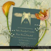 Art Deco Butterfly Monogram Green Gold Wedding  Invitation