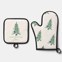 Green Pagoda Christmas Tree  Oven Mitt & Pot Holder Set