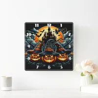 Jack-o'-lanterns shine under moonlight square wall clock