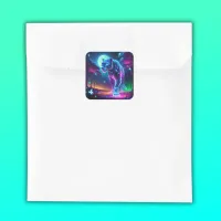 Moon and Panther Holographic Neon Colorful | Square Sticker