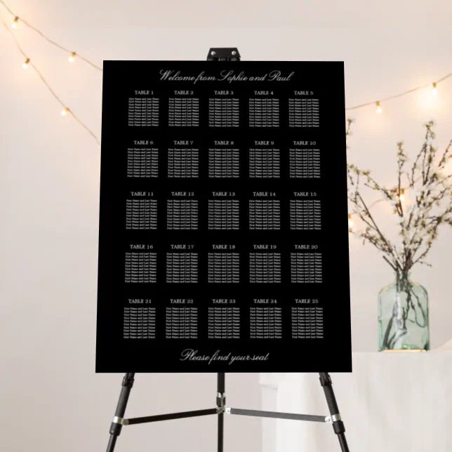 Elegant Black 25 Table Seating Chart Foam Board