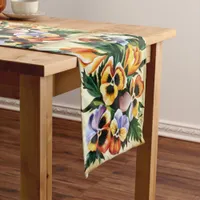 Exotic Watercolor Multicolored Pansies Short Table Runner