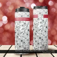 Hand Drawn Floral White Black Pattern & Red Name Thermal Tumbler