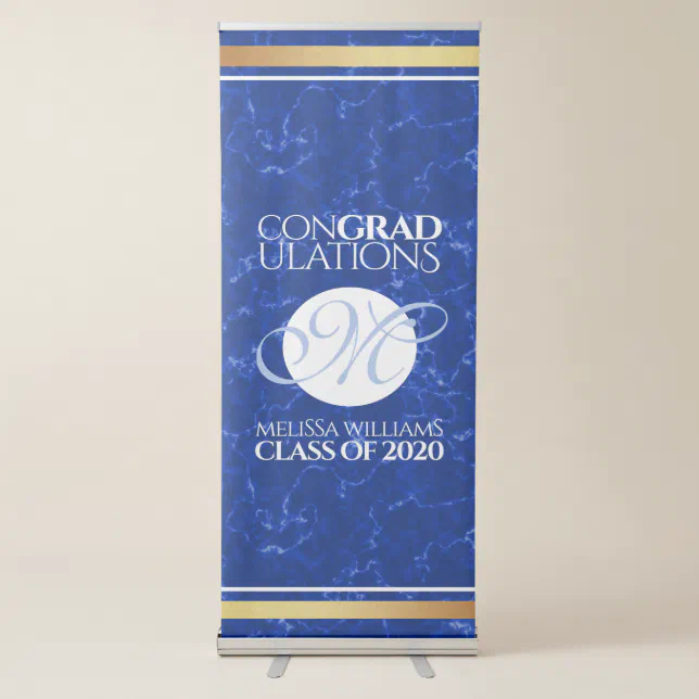 Elegant Graduation Monogram Blue Marble Gold Foil Retractable Banner