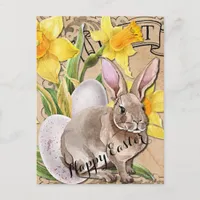 Vintage Flowers and Rabbit Easter Postcard