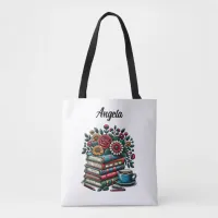 Personalized Vintage Books, Coffee and Flowers Tote Bag