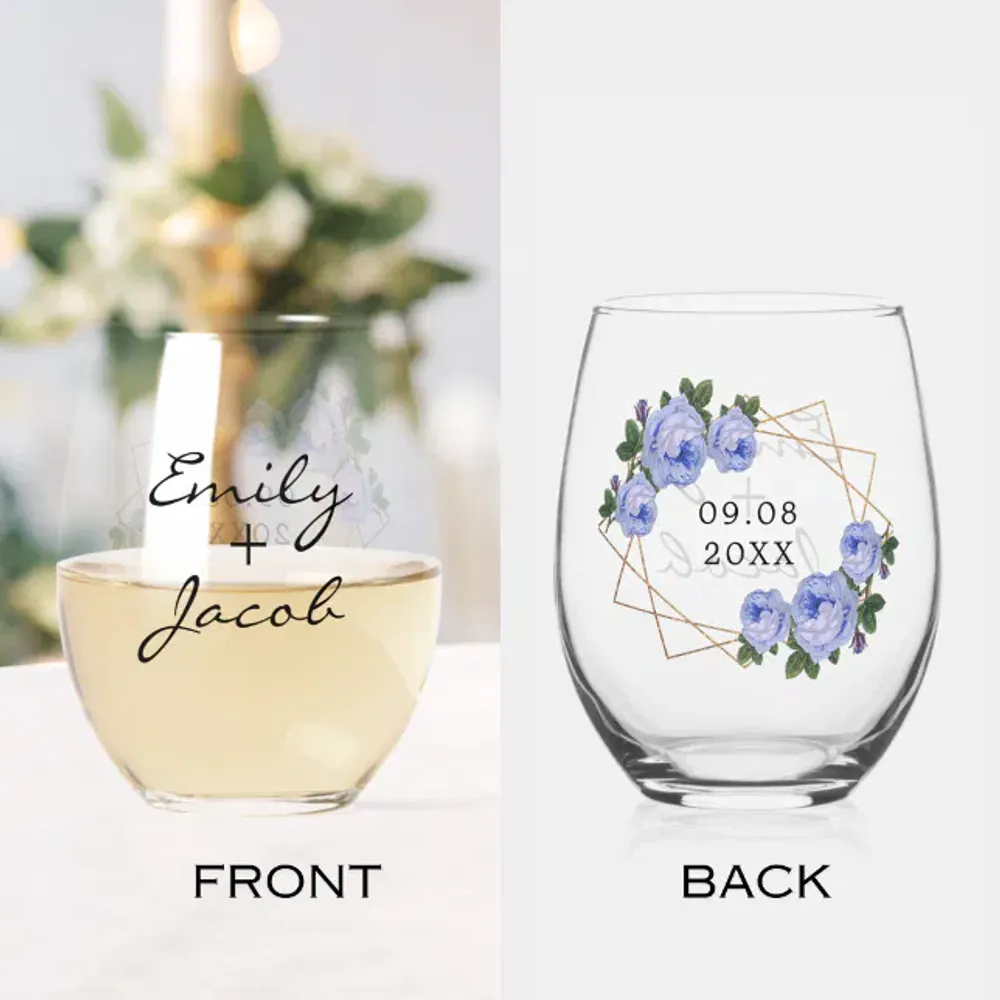 Elegant Gold Glitter Geometric Blue Floral Wedding Stemless Wine Glass