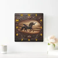 Galloping Horse in Sunset Field Landscape Square Wall Clock