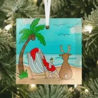 Snowbird Christmas, Santa and Reindeer on Beach   Glass Ornament