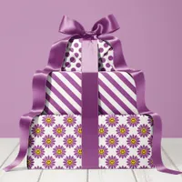 Purple Daisy Floral Stripes Polka Dot Wrapping Paper Sheets