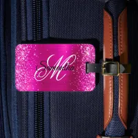 Glittery Hot Pink Foil Fancy Monogram Luggage Tag