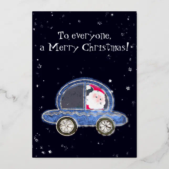 Santa in his car at Christmas Foil Holiday Card
