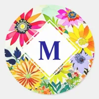 Watercolor Flowers Monogrammed  Classic Round Sticker