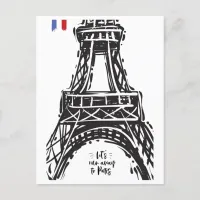 *~* Eiffel Tower Paris Black Outline White Postcard