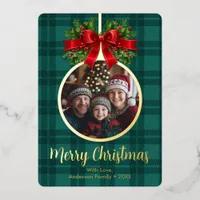 Christmas Ball Ornament Holly Berries Photo Plaid Foil Holiday Card