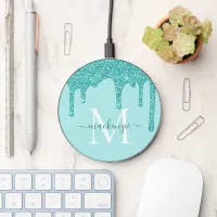 Luxury Teal Glitter Drips Sparkle Monogram Wireless Charger