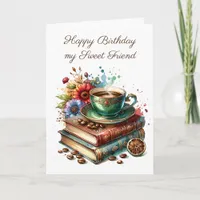  Vintage Books, Flowers and Coffee Friend Birthday Card