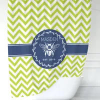 Personalized Lime Green Navy Honey Bee Chevron Shower Curtain