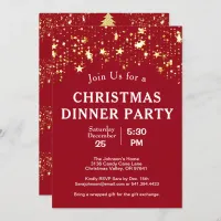 Christmas Dinner Party Gold Stars Trees Red Invitation